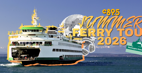 An image of a ferry on the water with snow-capped mountains in the background. Text over the image reads "C895 Summer Ferry Tour 2026" alongside the WSDOT logo.