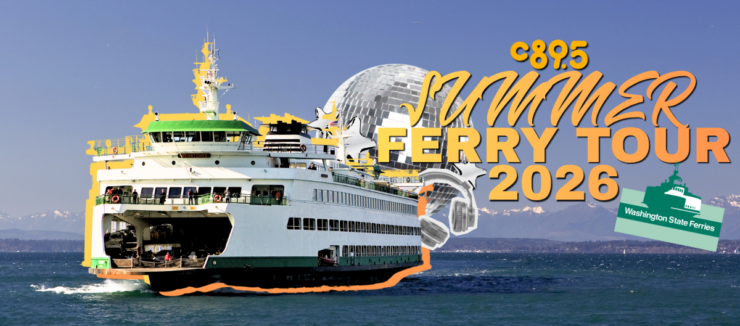 An image of a ferry on the water with snow-capped mountains in the background. Text over the image reads "C895 Summer Ferry Tour 2026" alongside the WSDOT logo.