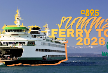 An image of a ferry on the water with snow-capped mountains in the background. Text over the image reads "C895 Summer Ferry Tour 2026" alongside the WSDOT logo.