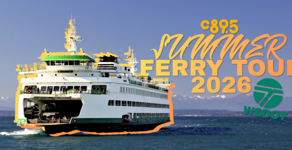 An image of a ferry on the water with snow-capped mountains in the background. Text over the image reads "C895 Summer Ferry Tour 2026" alongside the WSDOT logo.