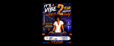 A poster for "It's a Vibe 2 Year Anniversary Party" featuring a DJ in a retro-style outfit standing behind a mixing console. The background displays a city skyline with a Ferris wheel. The event is on Friday, June 26, 2025, at 8:00 PM PST and 11:00 PM EST.