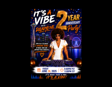 A poster for "It's a Vibe 2 Year Anniversary Party" featuring a DJ in a retro-style outfit standing behind a mixing console. The background displays a city skyline with a Ferris wheel. The event is on Friday, June 26, 2025, at 8:00 PM PST and 11:00 PM EST.