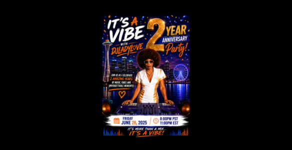 A poster for "It's a Vibe 2 Year Anniversary Party" featuring a DJ in a retro-style outfit standing behind a mixing console. The background displays a city skyline with a Ferris wheel. The event is on Friday, June 26, 2025, at 8:00 PM PST and 11:00 PM EST.