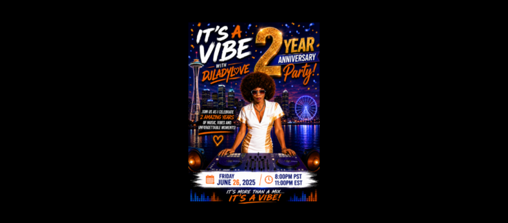 A poster for "It's a Vibe 2 Year Anniversary Party" featuring a DJ in a retro-style outfit standing behind a mixing console. The background displays a city skyline with a Ferris wheel. The event is on Friday, June 26, 2025, at 8:00 PM PST and 11:00 PM EST.