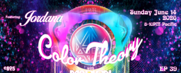 A colorful promotional graphic for "Color Theory with Madion, Episode 39," featuring Jordana. The background is vibrant with abstract shapes and bright lights. Text details the event date and time: Sunday, June 14, 2026, 8-10 PM Pacific.