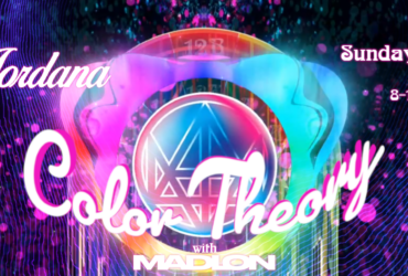 A colorful promotional graphic for "Color Theory with Madion, Episode 39," featuring Jordana. The background is vibrant with abstract shapes and bright lights. Text details the event date and time: Sunday, June 14, 2026, 8-10 PM Pacific.