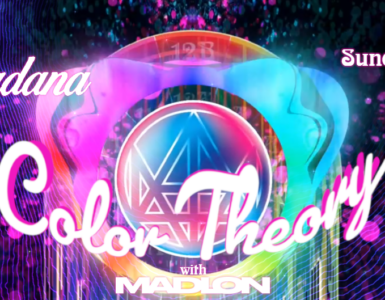 A colorful promotional graphic for "Color Theory with Madion, Episode 39," featuring Jordana. The background is vibrant with abstract shapes and bright lights. Text details the event date and time: Sunday, June 14, 2026, 8-10 PM Pacific.