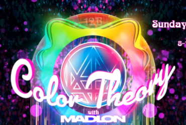 Colorful event poster featuring the text "Color Theory with Madion." The background has a vibrant, abstract design with bright colors and light effects. Event details are displayed: "Sunday June 28, 2026, 8-10PM Pacific," along with "EP 40" and "c895.