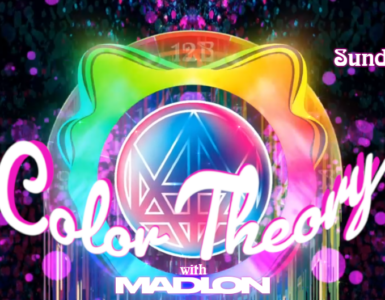Colorful event poster featuring the text "Color Theory with Madion." The background has a vibrant, abstract design with bright colors and light effects. Event details are displayed: "Sunday June 28, 2026, 8-10PM Pacific," along with "EP 40" and "c895.