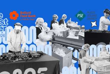 A group of individuals engaged in food distribution activities are depicted. They are handling packages and various items, with tables set up for organization. The scene includes logos for Ballard Food Bank and Puget Sound Energy against a background of stylized zeros.