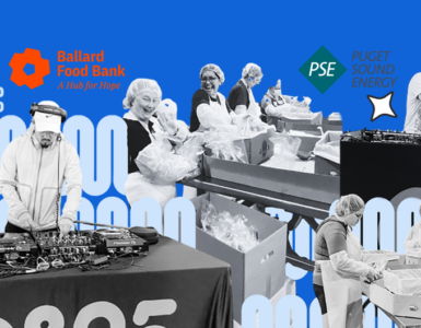 A group of individuals engaged in food distribution activities are depicted. They are handling packages and various items, with tables set up for organization. The scene includes logos for Ballard Food Bank and Puget Sound Energy against a background of stylized zeros.