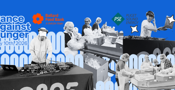 A group of individuals engaged in food distribution activities are depicted. They are handling packages and various items, with tables set up for organization. The scene includes logos for Ballard Food Bank and Puget Sound Energy against a background of stylized zeros.
