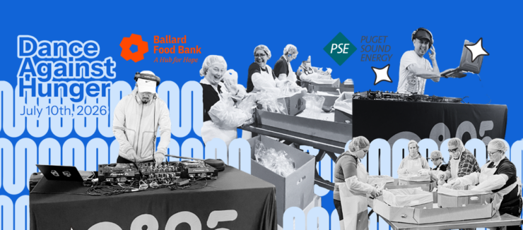 A group of individuals engaged in food distribution activities are depicted. They are handling packages and various items, with tables set up for organization. The scene includes logos for Ballard Food Bank and Puget Sound Energy against a background of stylized zeros.