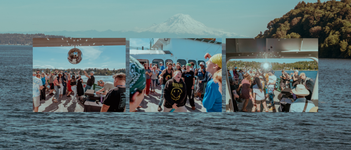 A collage of three images features a lively boat party with numerous people dancing and socializing. In the background, the scenic view includes Mount Rainier and lush, tree-covered hills.