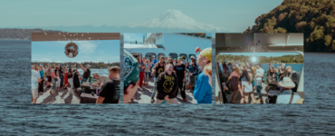 A collage of three images features a lively boat party with numerous people dancing and socializing. In the background, the scenic view includes Mount Rainier and lush, tree-covered hills.