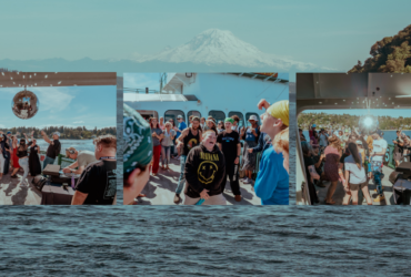 A collage of three images features a lively boat party with numerous people dancing and socializing. In the background, the scenic view includes Mount Rainier and lush, tree-covered hills.