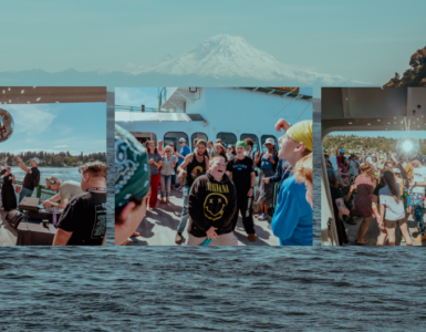 A collage of three images features a lively boat party with numerous people dancing and socializing. In the background, the scenic view includes Mount Rainier and lush, tree-covered hills.