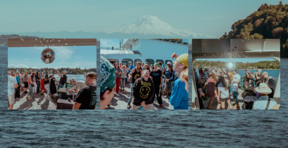 A collage of three images features a lively boat party with numerous people dancing and socializing. In the background, the scenic view includes Mount Rainier and lush, tree-covered hills.