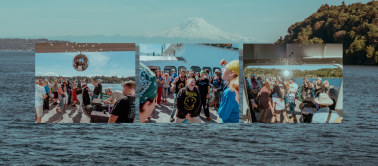 A collage of three images features a lively boat party with numerous people dancing and socializing. In the background, the scenic view includes Mount Rainier and lush, tree-covered hills.