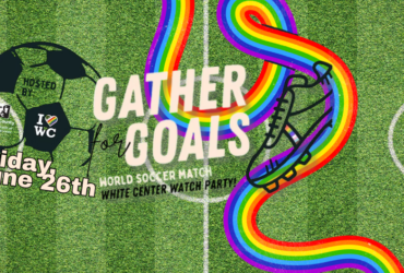 A graphic promoting a soccer watch party titled "Gather for Goals" on a grassy field background. A soccer ball with logos and a soccer shoe are included. The event is hosted by entities including I ❤️ WC and mentions the date as Friday, June 26th.