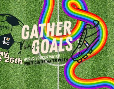 A graphic promoting a soccer watch party titled "Gather for Goals" on a grassy field background. A soccer ball with logos and a soccer shoe are included. The event is hosted by entities including I ❤️ WC and mentions the date as Friday, June 26th.