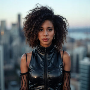 A woman standing before the backdrop of a city