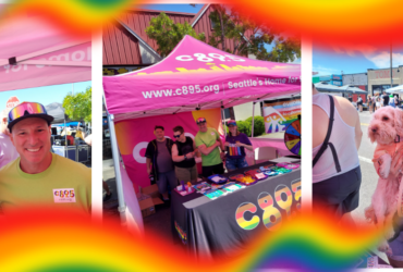 This image is a collage of three photos from a C89.5 event. The first photo shows two individuals under a pink canopy with rainbow decorations. The second photo displays several people standing behind a C89.5 booth with various items on a table. The third photo captures a person holding a small dog, both wearing rainbow accessories, with a C89.5 sign in hand.