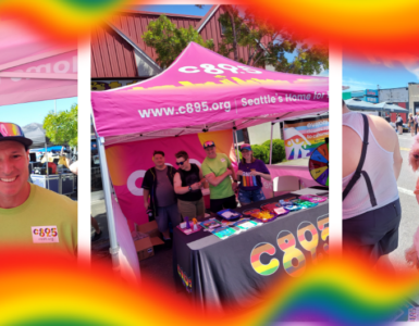 This image is a collage of three photos from a C89.5 event. The first photo shows two individuals under a pink canopy with rainbow decorations. The second photo displays several people standing behind a C89.5 booth with various items on a table. The third photo captures a person holding a small dog, both wearing rainbow accessories, with a C89.5 sign in hand.