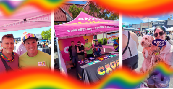 This image is a collage of three photos from a C89.5 event. The first photo shows two individuals under a pink canopy with rainbow decorations. The second photo displays several people standing behind a C89.5 booth with various items on a table. The third photo captures a person holding a small dog, both wearing rainbow accessories, with a C89.5 sign in hand.