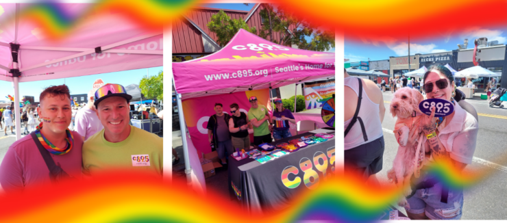 This image is a collage of three photos from a C89.5 event. The first photo shows two individuals under a pink canopy with rainbow decorations. The second photo displays several people standing behind a C89.5 booth with various items on a table. The third photo captures a person holding a small dog, both wearing rainbow accessories, with a C89.5 sign in hand.