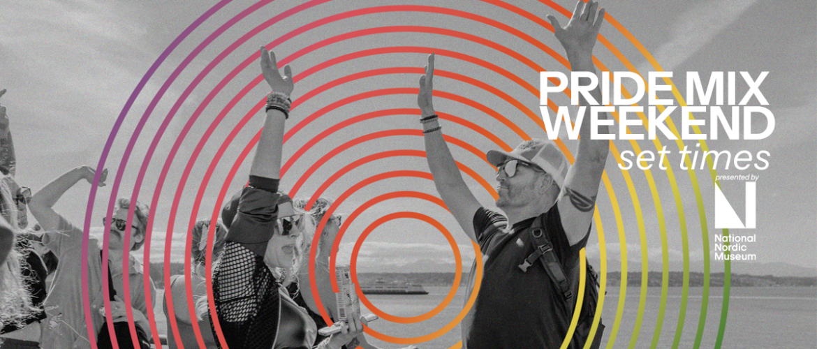 A grayscale image shows two people with arms raised in celebration. Bright, colorful concentric circles overlay the image. The text reads "C89.5 Pride Mix Weekend Fri-Sunday," and in the lower left corner, "presented by National Nordic Museum.