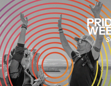 A grayscale image shows two people with arms raised in celebration. Bright, colorful concentric circles overlay the image. The text reads "C89.5 Pride Mix Weekend Fri-Sunday," and in the lower left corner, "presented by National Nordic Museum.