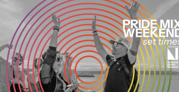 A grayscale image shows two people with arms raised in celebration. Bright, colorful concentric circles overlay the image. The text reads "C89.5 Pride Mix Weekend Fri-Sunday," and in the lower left corner, "presented by National Nordic Museum.