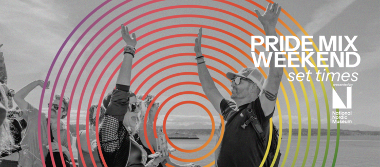 A grayscale image shows two people with arms raised in celebration. Bright, colorful concentric circles overlay the image. The text reads "C89.5 Pride Mix Weekend Fri-Sunday," and in the lower left corner, "presented by National Nordic Museum.
