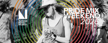 A person dancing amidst a group of people at an outdoor event. The image is overlaid with colorful circular lines and features the text "Pride Mix Weekend 2026.