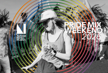 A person dancing amidst a group of people at an outdoor event. The image is overlaid with colorful circular lines and features the text "Pride Mix Weekend 2026.