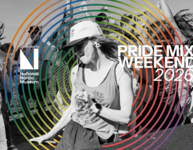 A person dancing amidst a group of people at an outdoor event. The image is overlaid with colorful circular lines and features the text "Pride Mix Weekend 2026.