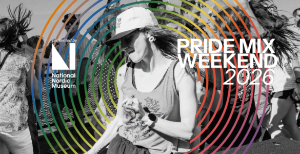 A person dancing amidst a group of people at an outdoor event. The image is overlaid with colorful circular lines and features the text "Pride Mix Weekend 2026.
