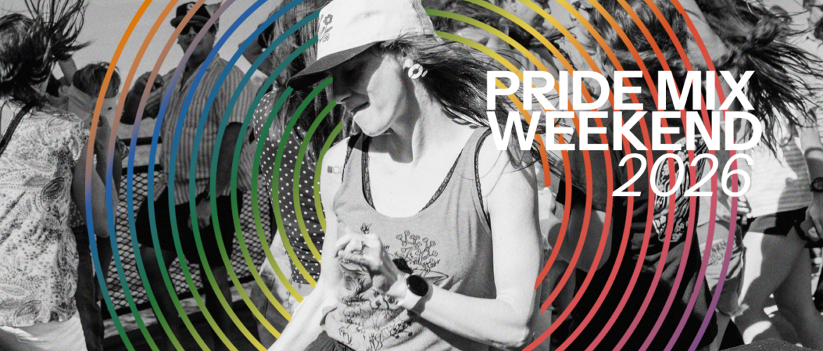 A person dancing amidst a group of people at an outdoor event. The image is overlaid with colorful circular lines and features the text "Pride Mix Weekend 2026.