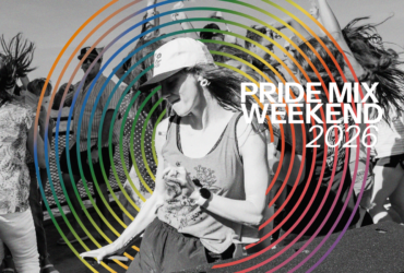 A person dancing amidst a group of people at an outdoor event. The image is overlaid with colorful circular lines and features the text "Pride Mix Weekend 2026.