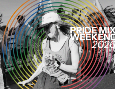 A person dancing amidst a group of people at an outdoor event. The image is overlaid with colorful circular lines and features the text "Pride Mix Weekend 2026.
