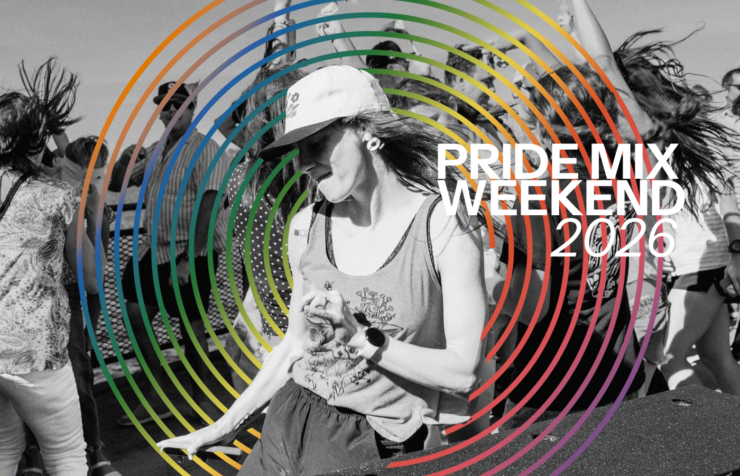 A person dancing amidst a group of people at an outdoor event. The image is overlaid with colorful circular lines and features the text "Pride Mix Weekend 2026.