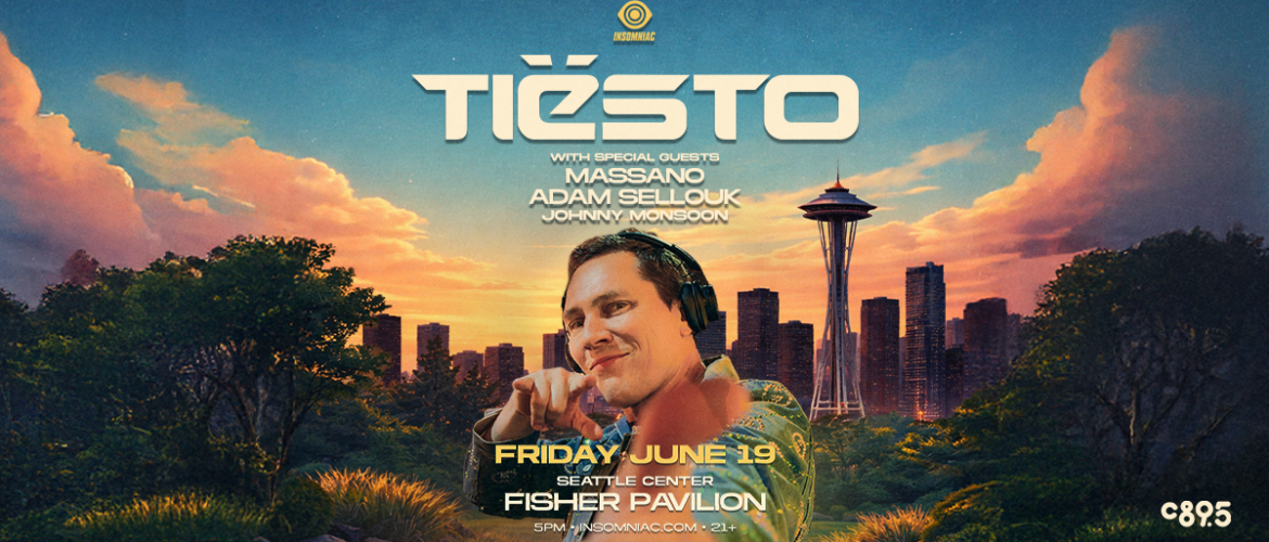 A promotional image for a Tiësto event at Fisher Pavilion, Seattle Center. The date is Friday, June 19. Special guests Massano, Adam Sellouk, and Johnny Monsoon are listed. The backdrop features a sunset cityscape with the Space Needle prominently visible.