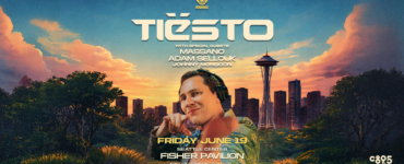 A promotional image for a Tiësto event at Fisher Pavilion, Seattle Center. The date is Friday, June 19. Special guests Massano, Adam Sellouk, and Johnny Monsoon are listed. The backdrop features a sunset cityscape with the Space Needle prominently visible.