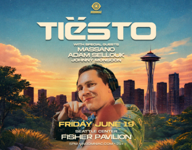 A promotional image for a Tiësto event at Fisher Pavilion, Seattle Center. The date is Friday, June 19. Special guests Massano, Adam Sellouk, and Johnny Monsoon are listed. The backdrop features a sunset cityscape with the Space Needle prominently visible.