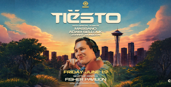 A promotional image for a Tiësto event at Fisher Pavilion, Seattle Center. The date is Friday, June 19. Special guests Massano, Adam Sellouk, and Johnny Monsoon are listed. The backdrop features a sunset cityscape with the Space Needle prominently visible.